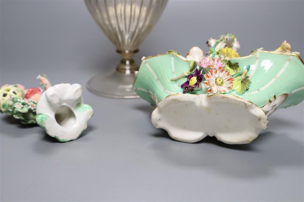 A Coalbrookdale floral encrusted basket, a Bow porcelain putto and a Venetian two handled glass vase, 28.5cm (3)